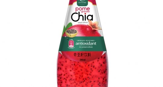 Chia seed drink in a glass bottle
