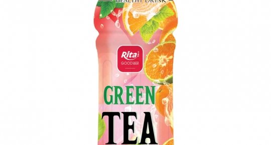 Green tea drink with orange, kumquat, and mint in a 450ml PET bottle