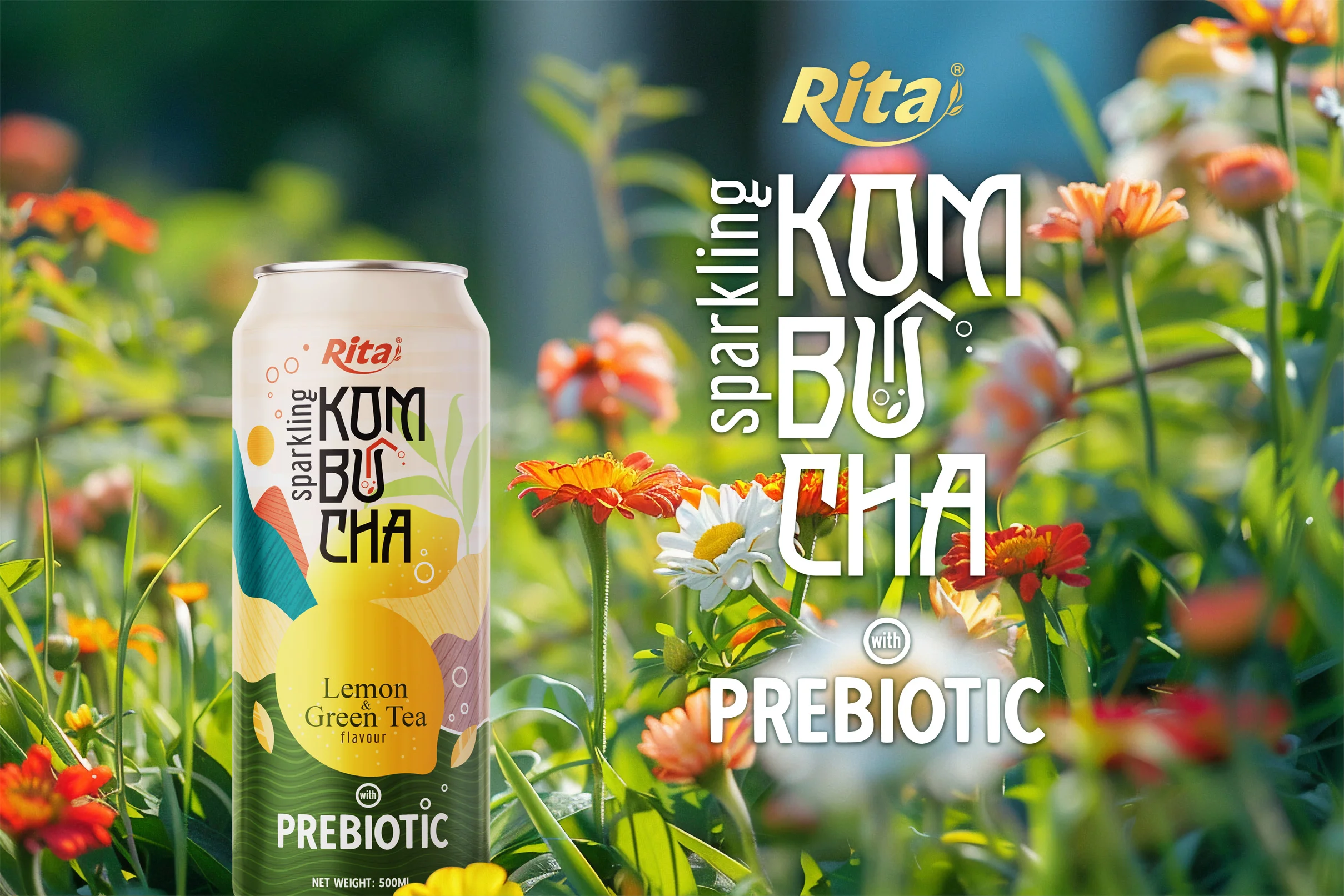Sparkling Kombucha Prebiotic Lemon and Green tea drink