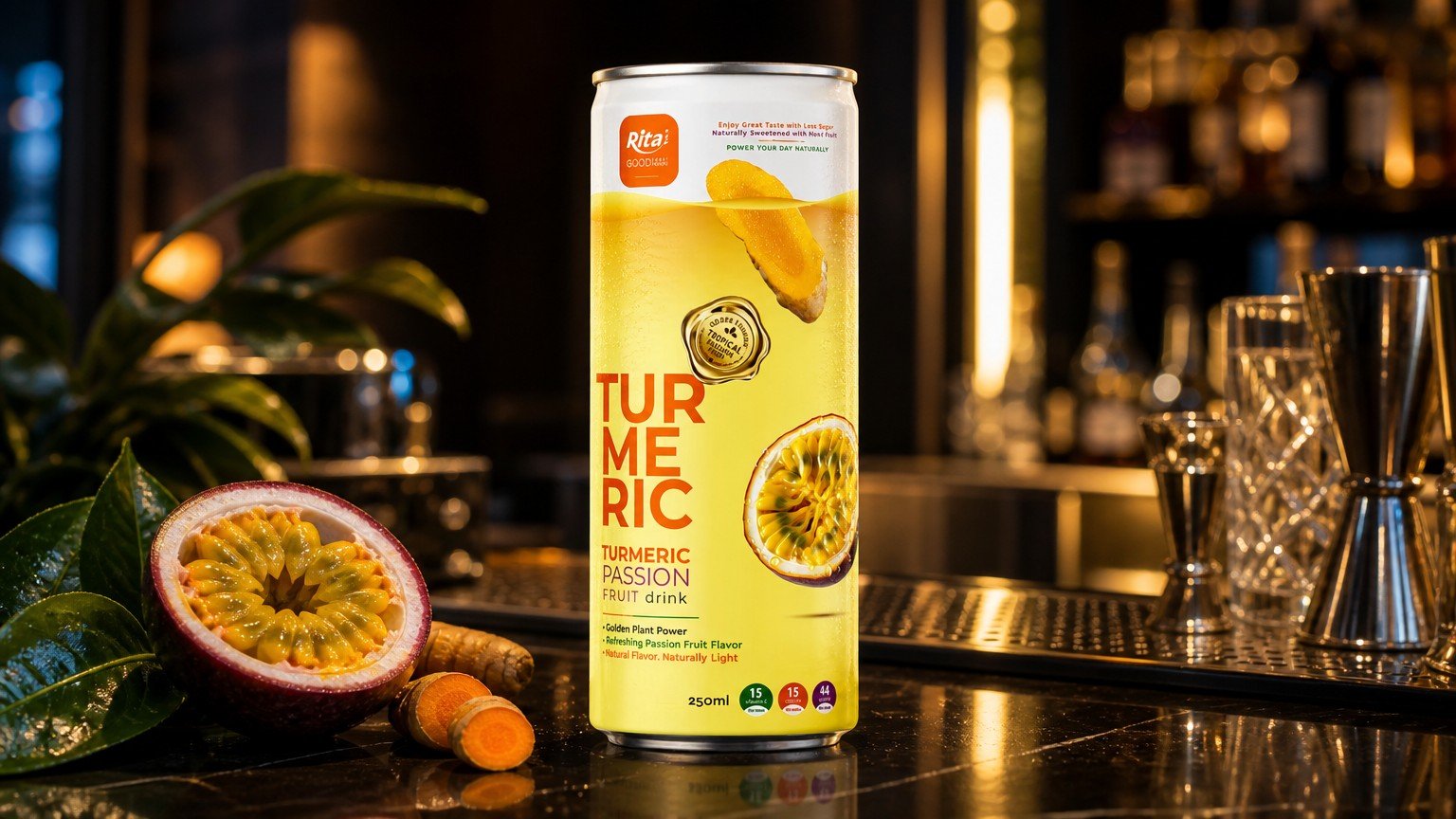 RITA Less Sugar Turmeric Passion Fruit Drink 250ml Slim Can Poster 2