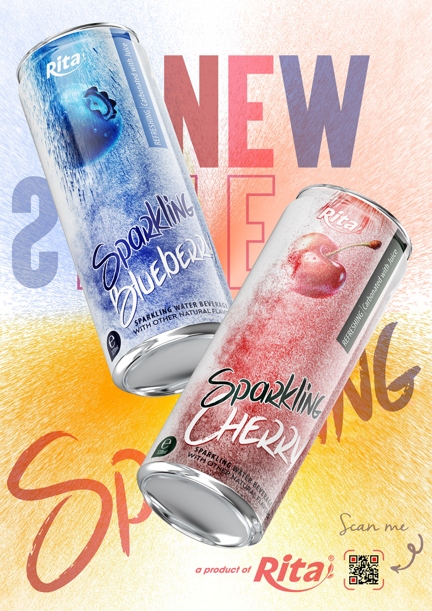 Poster sparkling water and fruit juice 330ml sleek can