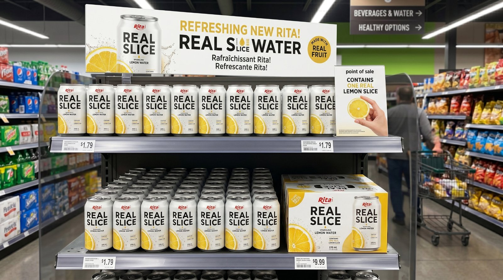 Sparkling Lemon Water with Real Fruit Slices 325ml Can Poster 2