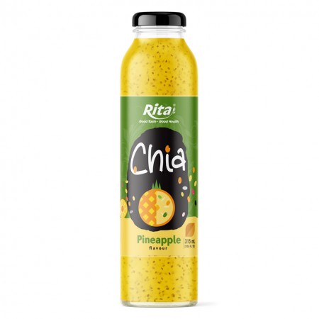 10.6 fl oz glass bottle adding chia seeds to fresh pineapple juice