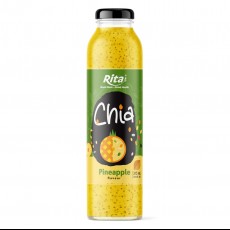 10.6 fl oz glass bottle adding chia seeds to fresh pineapple juice