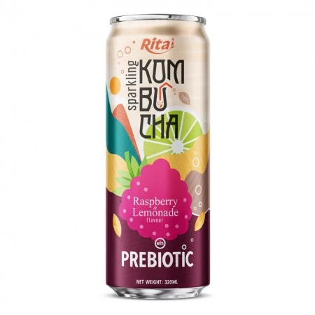 Sparkling Raspberry and Lemonade  Flavor Kombucha Tea with Prebiotic 320ml cans